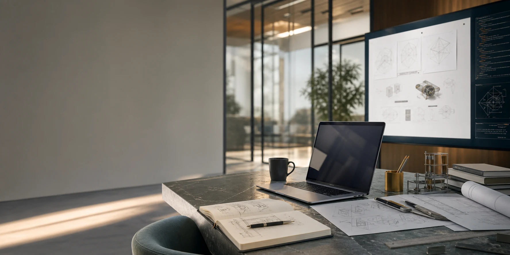 Technical capstone workspace with a laptop and engineering drawings